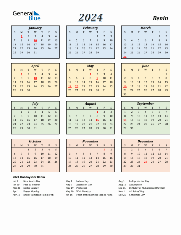 Benin Calendar 2024 with Sunday Start