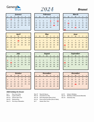 Brunei current year calendar 2024 with holidays