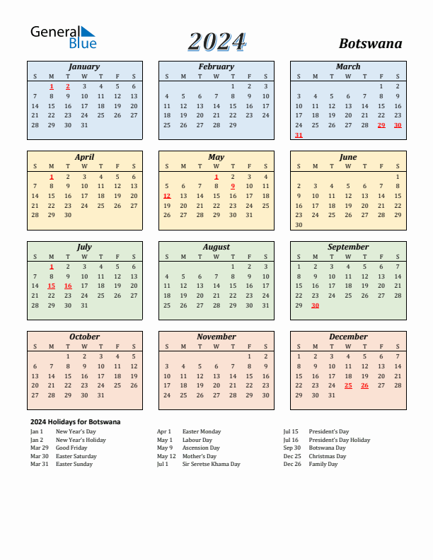 Botswana Calendar 2024 with Sunday Start