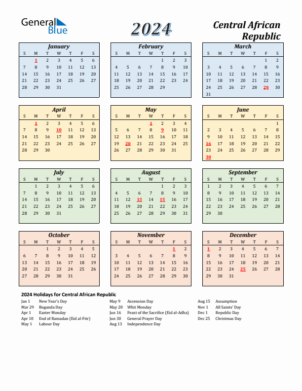 Central African Republic Calendar 2024 with Sunday Start