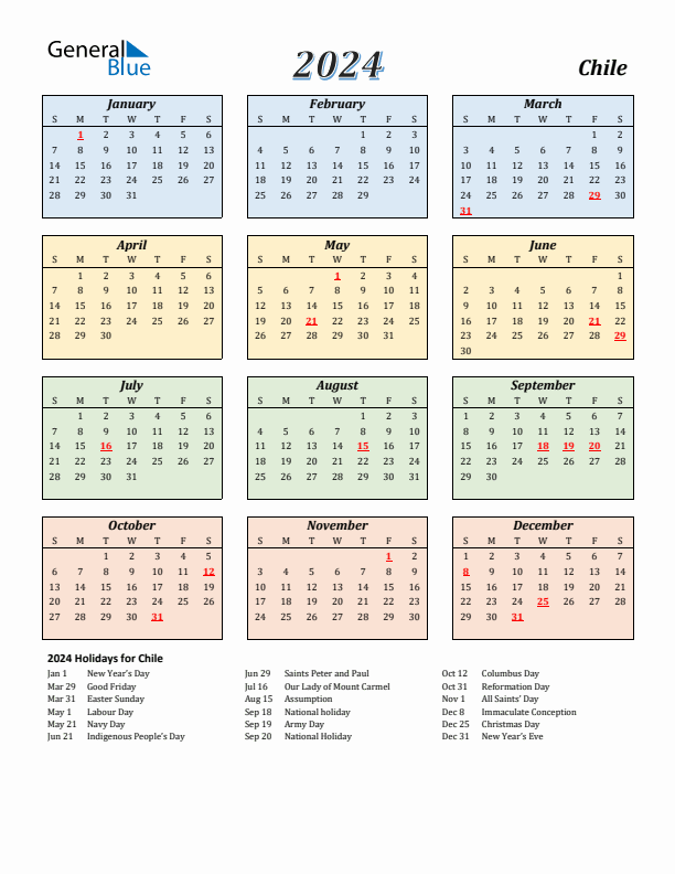 Chile Calendar 2024 with Sunday Start