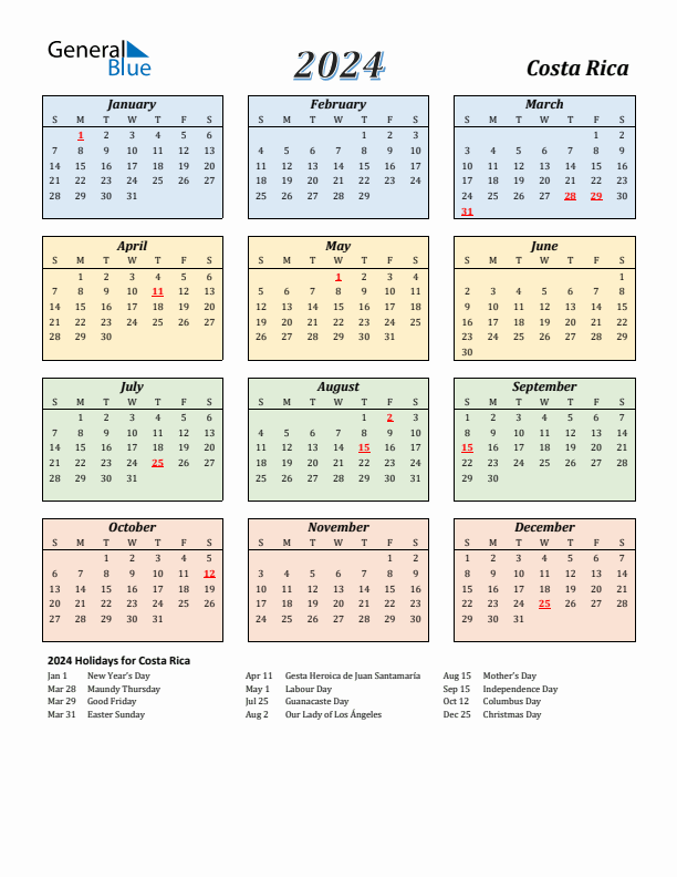 Costa Rica Calendar 2024 with Sunday Start