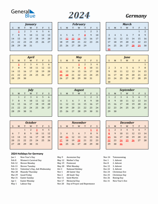 Germany Calendar 2024 with Sunday Start