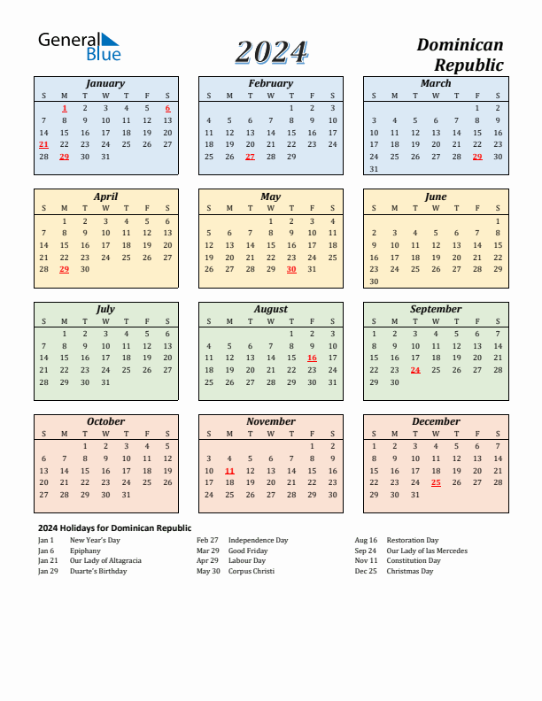 Dominican Republic Calendar 2024 with Sunday Start