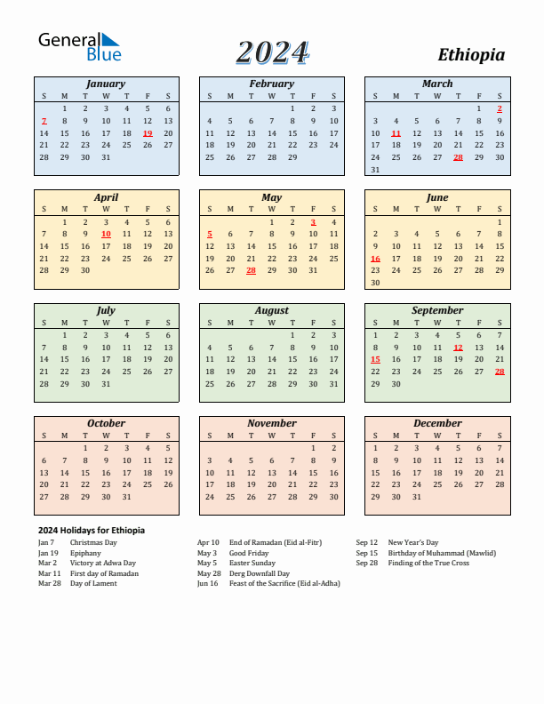 Ethiopia Calendar 2024 with Sunday Start