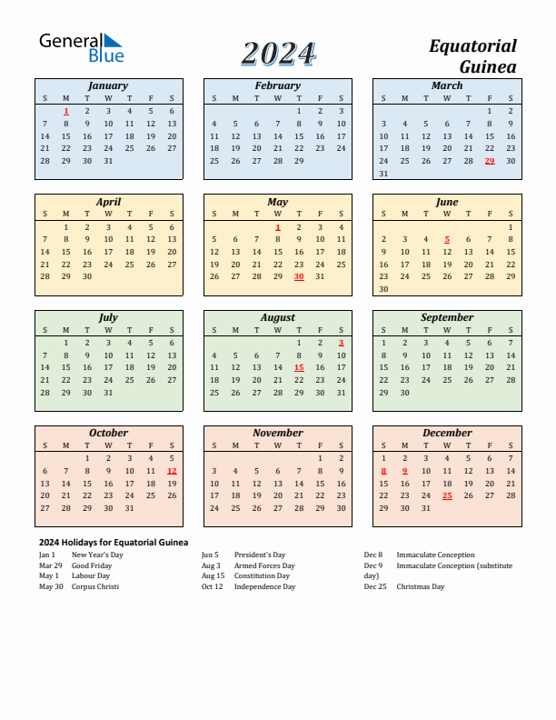 Equatorial Guinea Calendar 2024 with Sunday Start