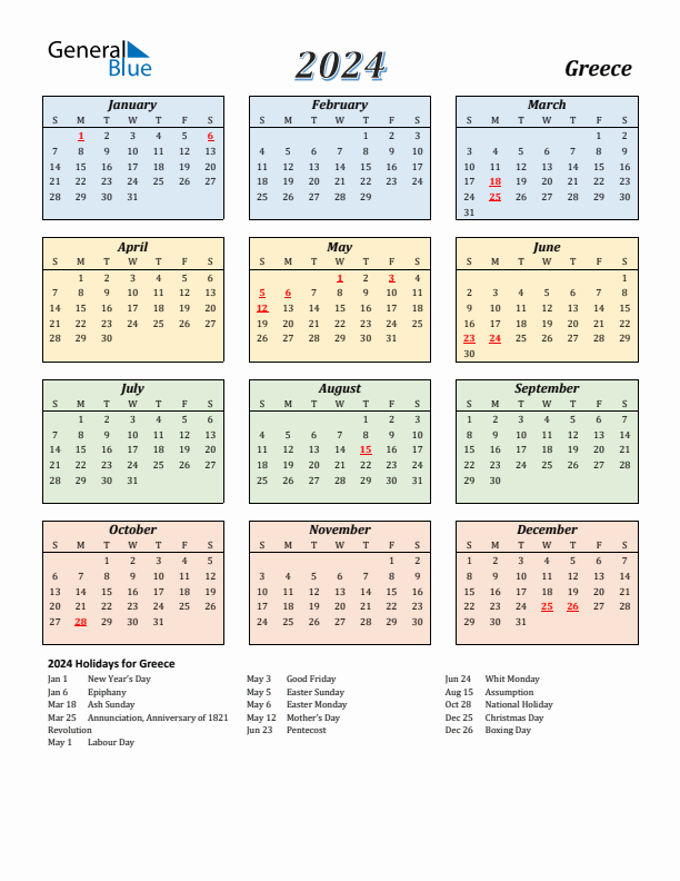 Greece Calendar 2024 with Sunday Start