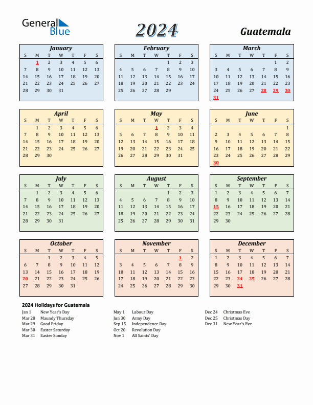 Guatemala Calendar 2024 with Sunday Start