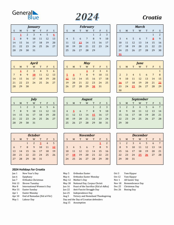 Croatia Calendar 2024 with Sunday Start