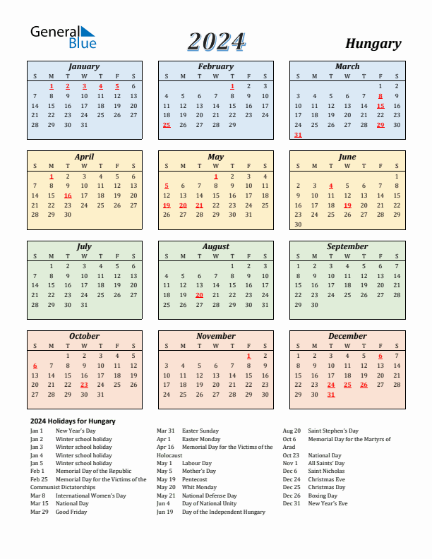 Hungary Calendar 2024 with Sunday Start