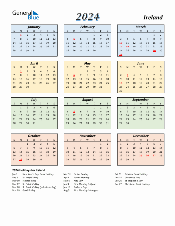 Ireland Calendar 2024 with Sunday Start