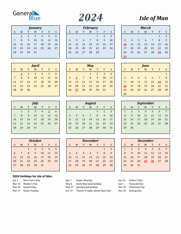 Isle of Man Calendar 2024 with Sunday Start