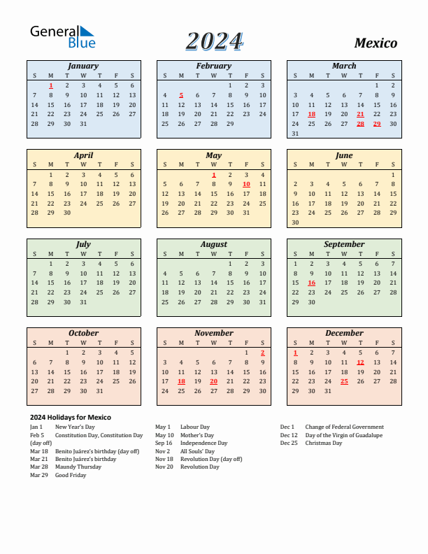 Mexico Calendar 2024 with Sunday Start