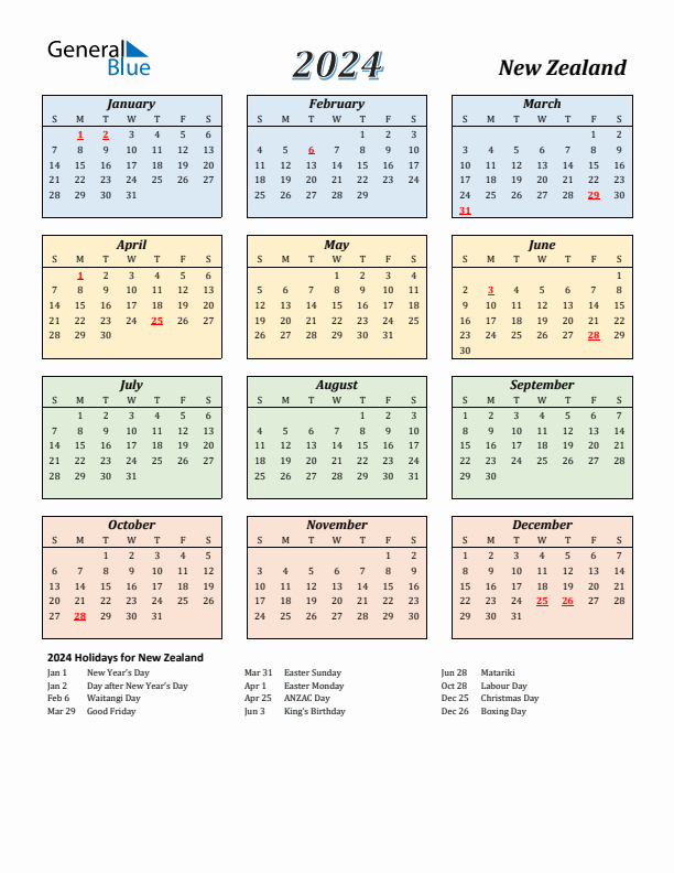 2024 New Zealand Calendar with Holidays