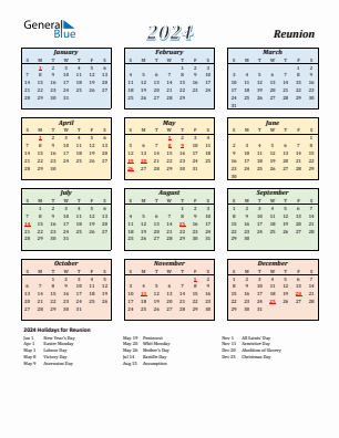 Reunion current year calendar 2024 with holidays