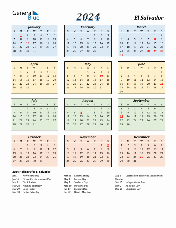 El Salvador Calendar 2024 with Sunday Start