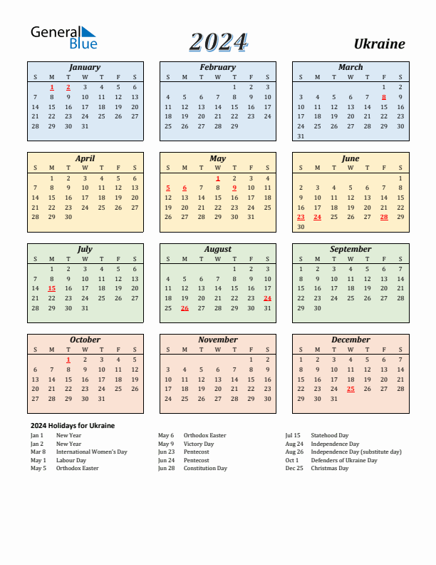 Ukraine Calendar 2024 with Sunday Start