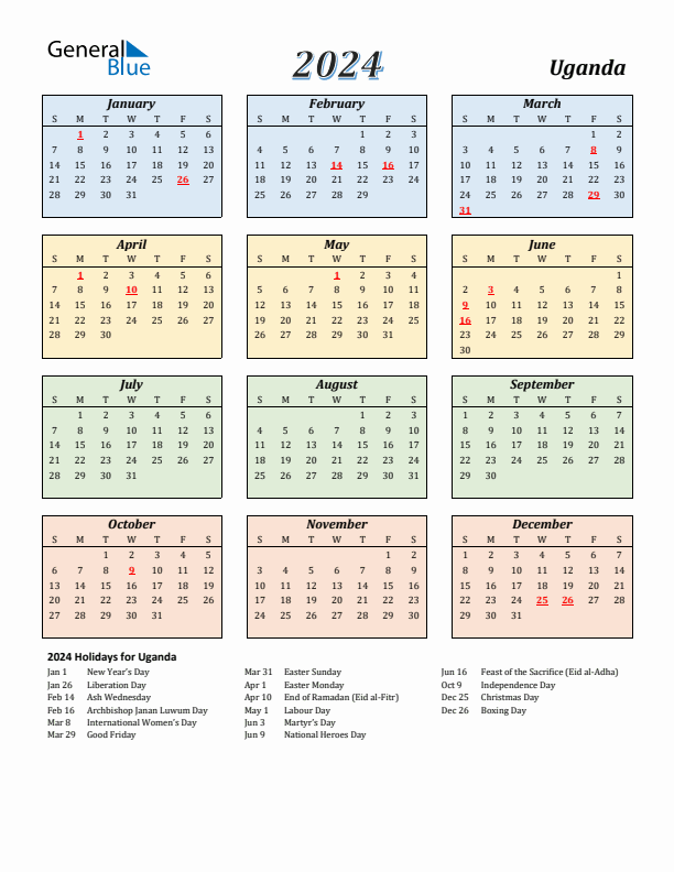 Uganda Calendar 2024 with Sunday Start