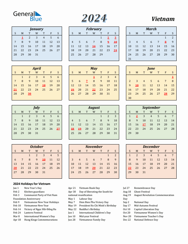 Vietnam Calendar 2024 with Sunday Start