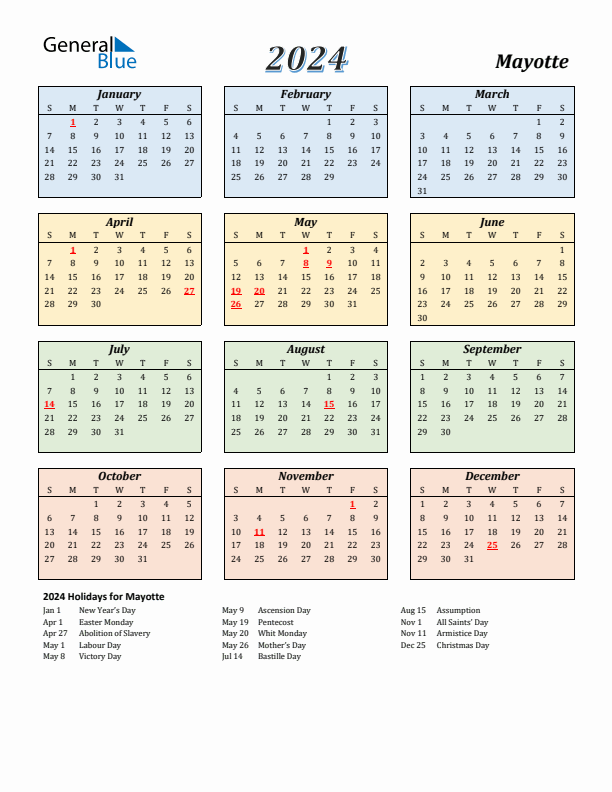 Mayotte Calendar 2024 with Sunday Start