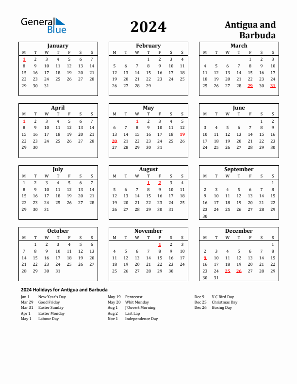 2024 Antigua and Barbuda Holiday Calendar - Monday Start