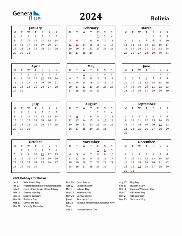 2024 Bolivia Holiday Calendar - Monday Start