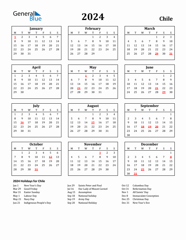 2024 Chile Holiday Calendar - Monday Start