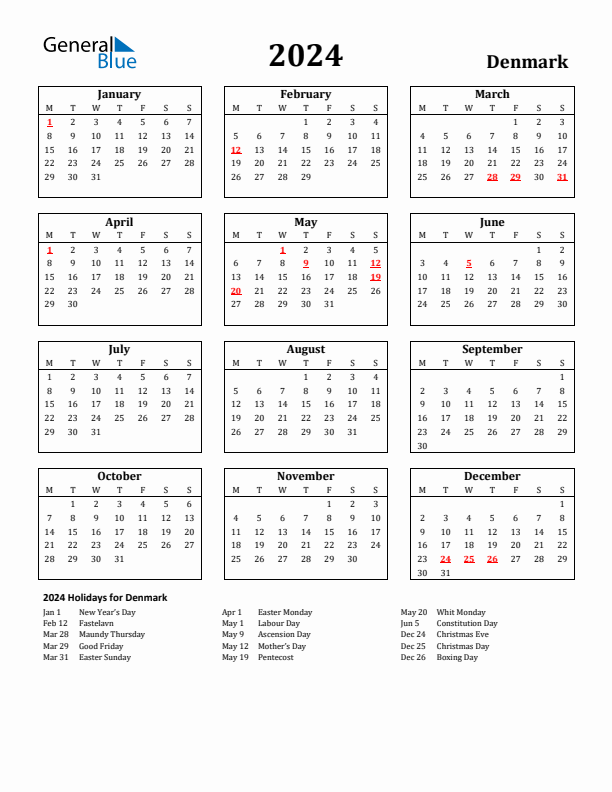 2024 Denmark Holiday Calendar - Monday Start