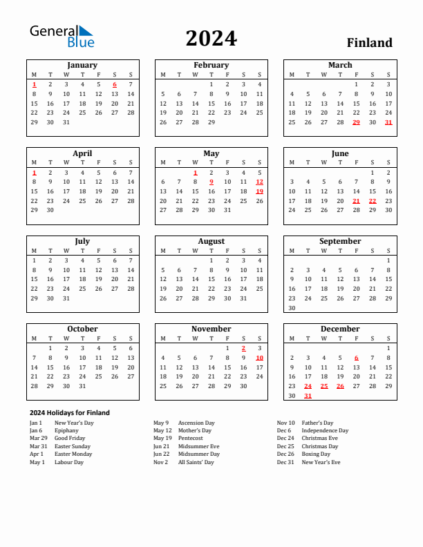 2024 Finland Holiday Calendar - Monday Start