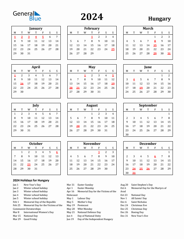 2024 Hungary Holiday Calendar - Monday Start