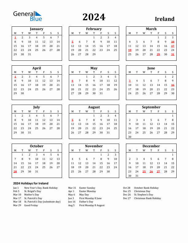 2024 Ireland Holiday Calendar - Monday Start