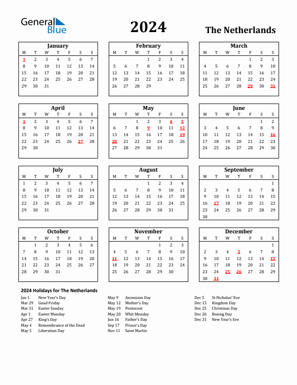 2024 The Netherlands Holiday Calendar - Monday Start