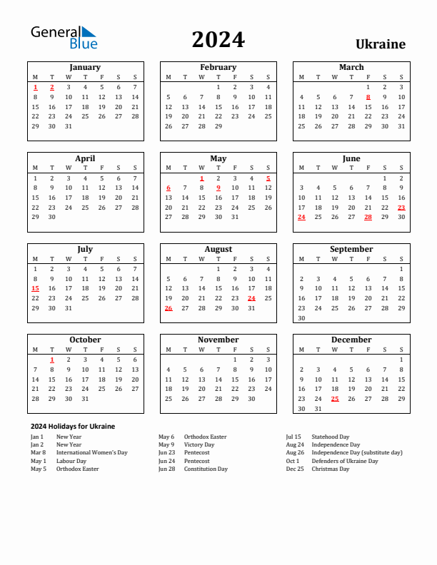 2024 Ukraine Holiday Calendar - Monday Start