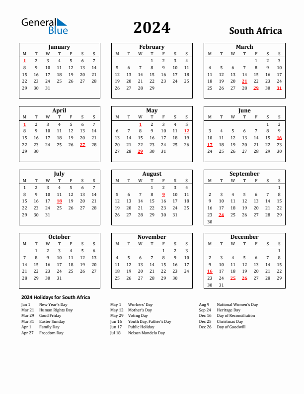 2024 South Africa Holiday Calendar - Monday Start