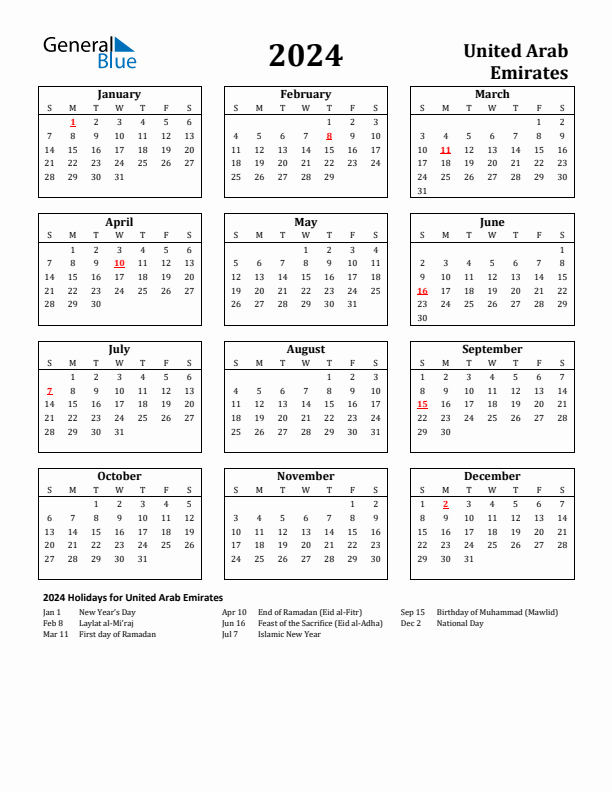 2024 United Arab Emirates Holiday Calendar - Sunday Start