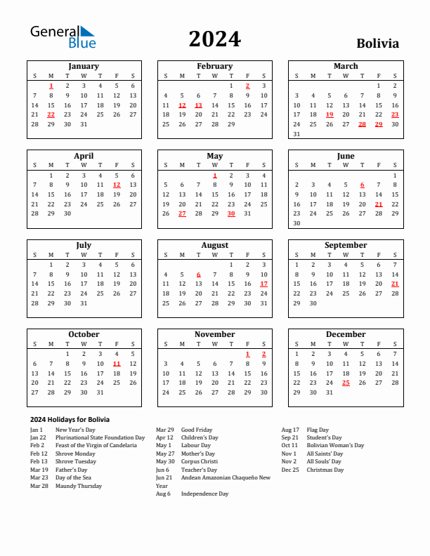 2024 Bolivia Holiday Calendar - Sunday Start