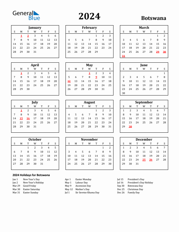 2024 Botswana Holiday Calendar - Sunday Start