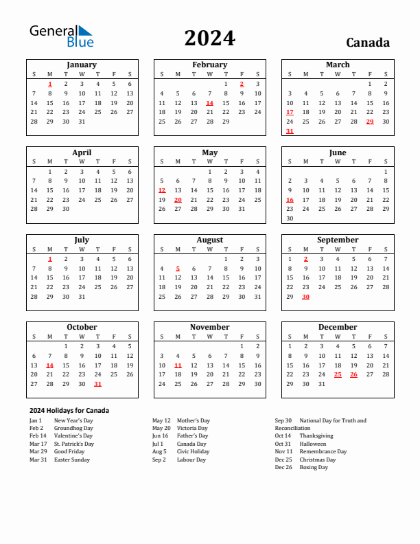 2024 Canada Holiday Calendar - Sunday Start