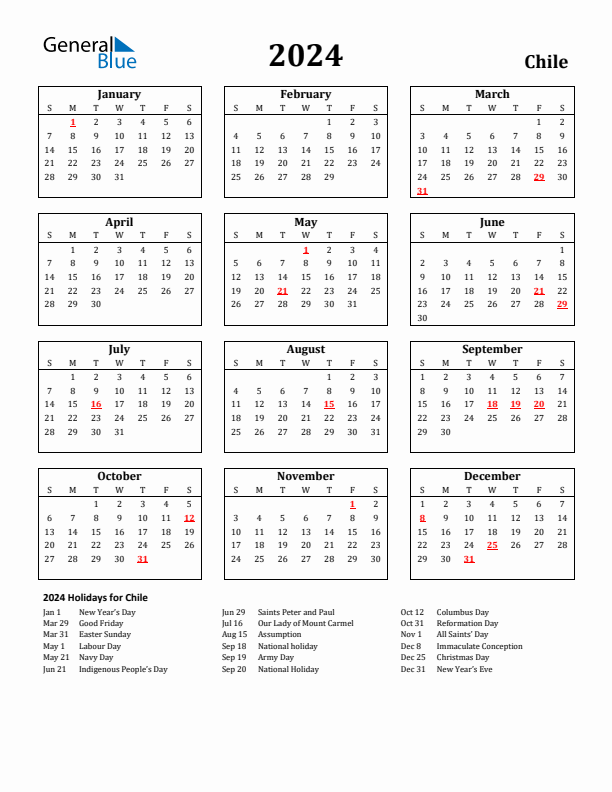 2024 Chile Holiday Calendar - Sunday Start