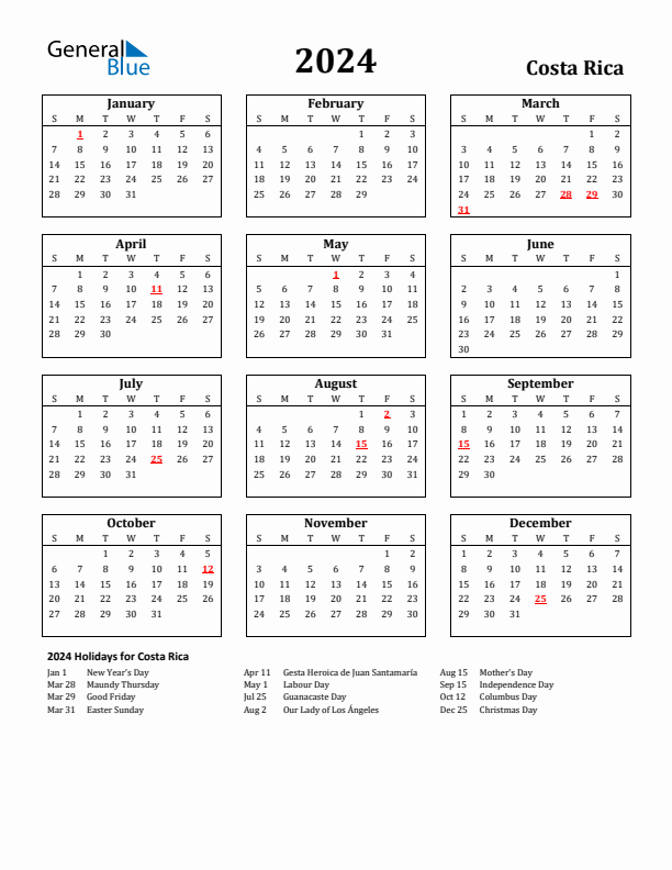 2024 Costa Rica Holiday Calendar - Sunday Start