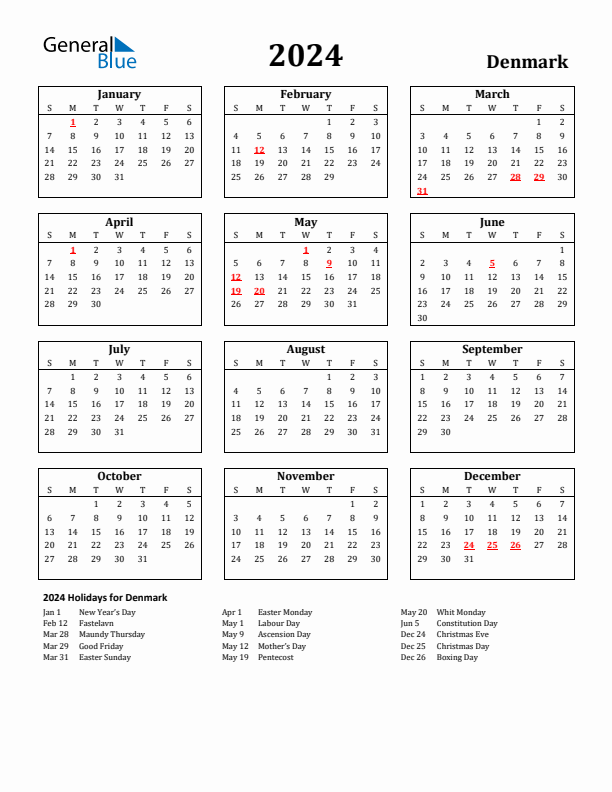 2024 Denmark Holiday Calendar - Sunday Start