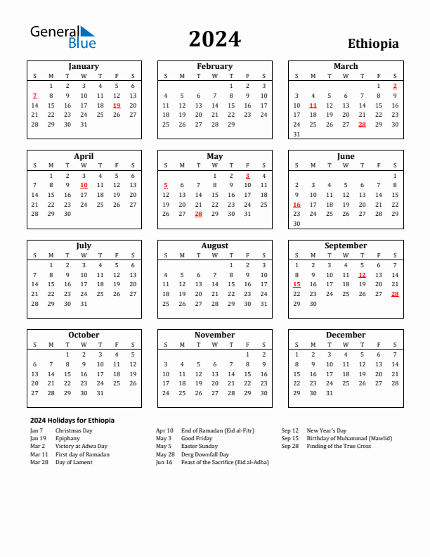 2024 Ethiopia Holiday Calendar - Sunday Start