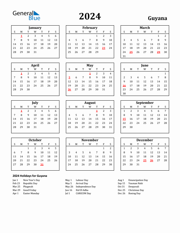 2024 Guyana Holiday Calendar - Sunday Start