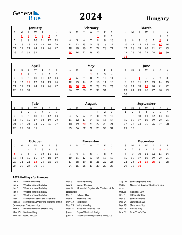 2024 Hungary Holiday Calendar - Sunday Start