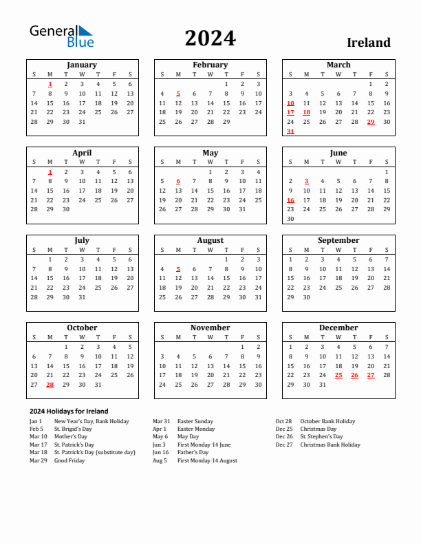 2024 Ireland Holiday Calendar - Sunday Start