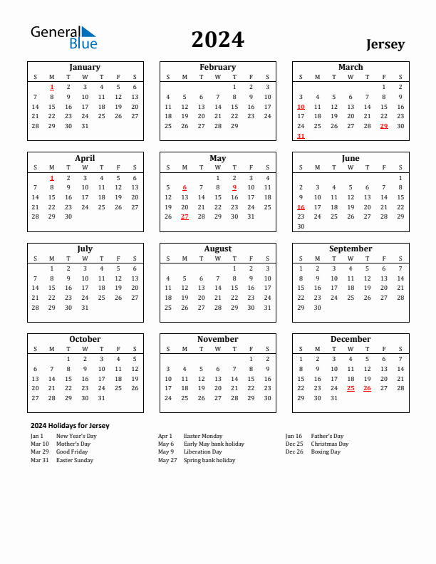 2024 Jersey Holiday Calendar - Sunday Start