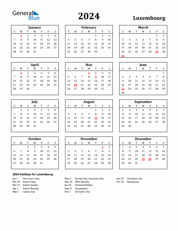 2024 Luxembourg Holiday Calendar - Sunday Start