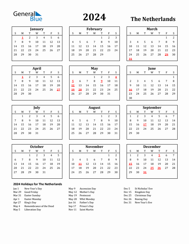 2024 The Netherlands Holiday Calendar - Sunday Start