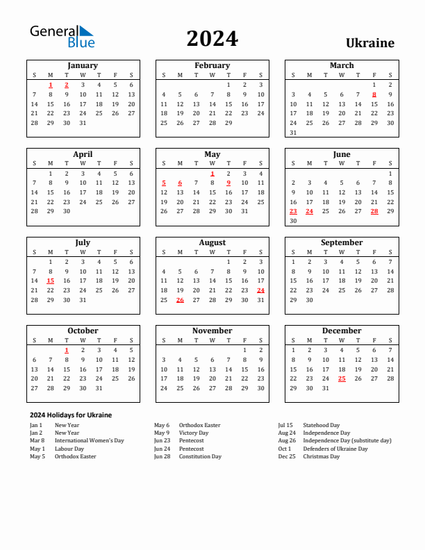 2024 Ukraine Holiday Calendar - Sunday Start