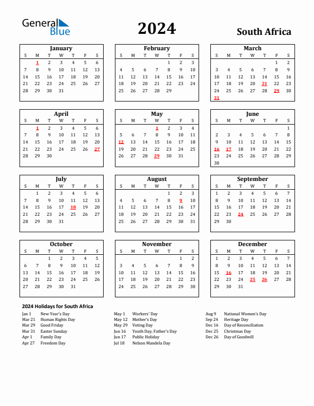 2024 South Africa Holiday Calendar - Sunday Start